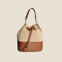 Borsa a spalla Baia in pelle ruga color cuoio e paglia intrecciata naturale, design artigianale ispirato ai Campi Flegrei.